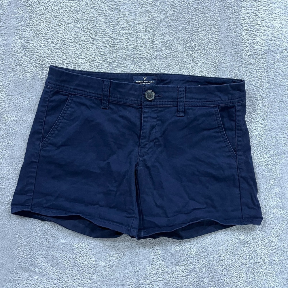 American Eagle Outfitters Chino Midi Shorts Women 2 Navy Blue Stretch Flat Front